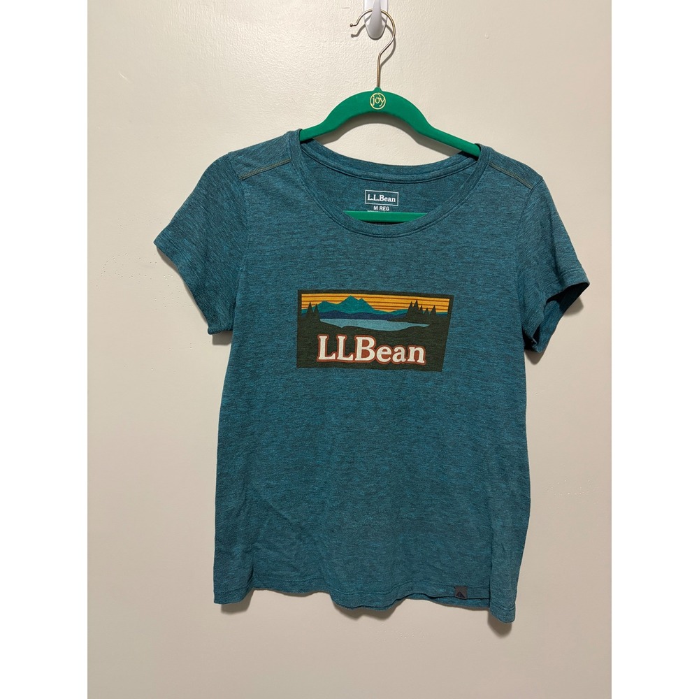 LL Bean Womens Graphic Tee Heathered Teal Blue Mountain Logo T-Shirt M REG